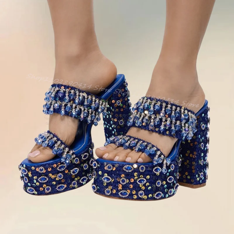 

Blue Crystal Tassels Beads Decor Platform Slippers Slip On Women Shoes Chunky High Heels Open Toe Party 2024 Zapatos Para Mujere