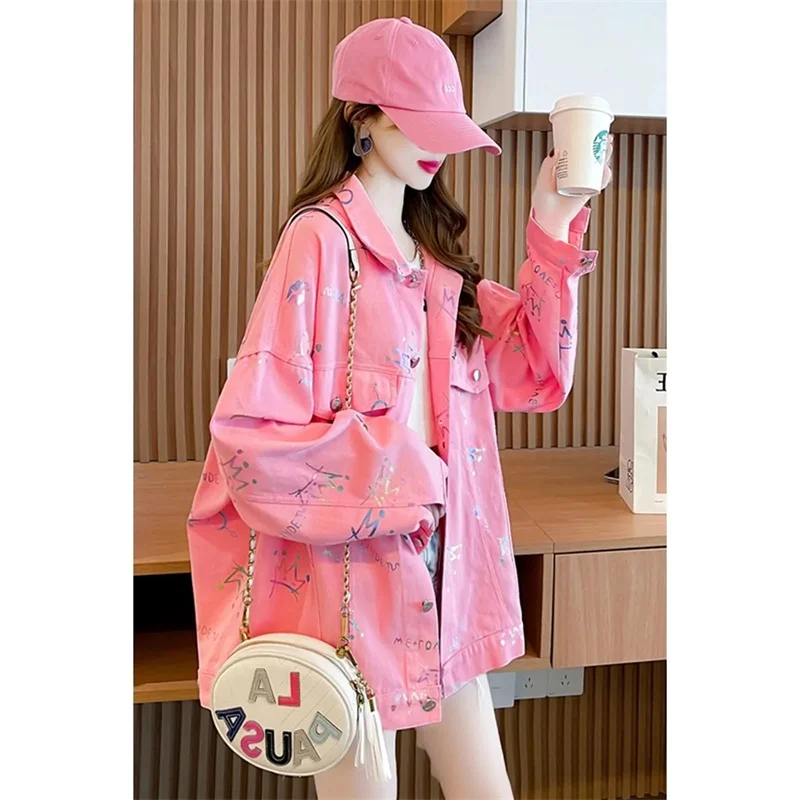 Chaqueta vaquera de manga larga para mujer, abrigo vaquero holgado con estampado de moda, Top versátil, color rosa, primavera y otoño, 2023