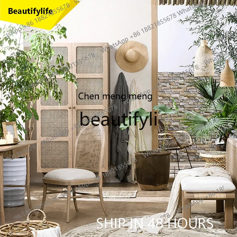CC Nordic light luxury solid wood woven rattan double door wardrobe log color old storage coat cabinet