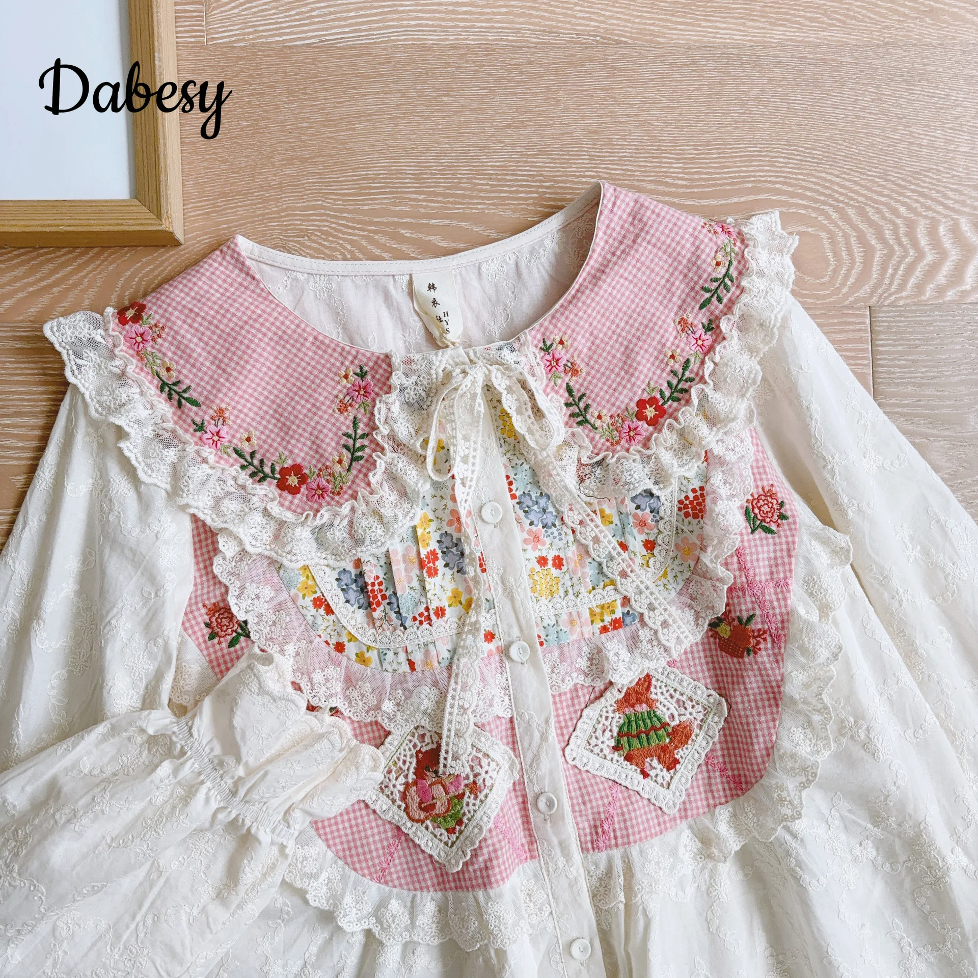 Mori Girl Flower Embroidery Cotton Linen Tops Autumn Japanese Vintage Peter Pan Collar Lace Patchwork Long Sleeve Kawaii Shirts