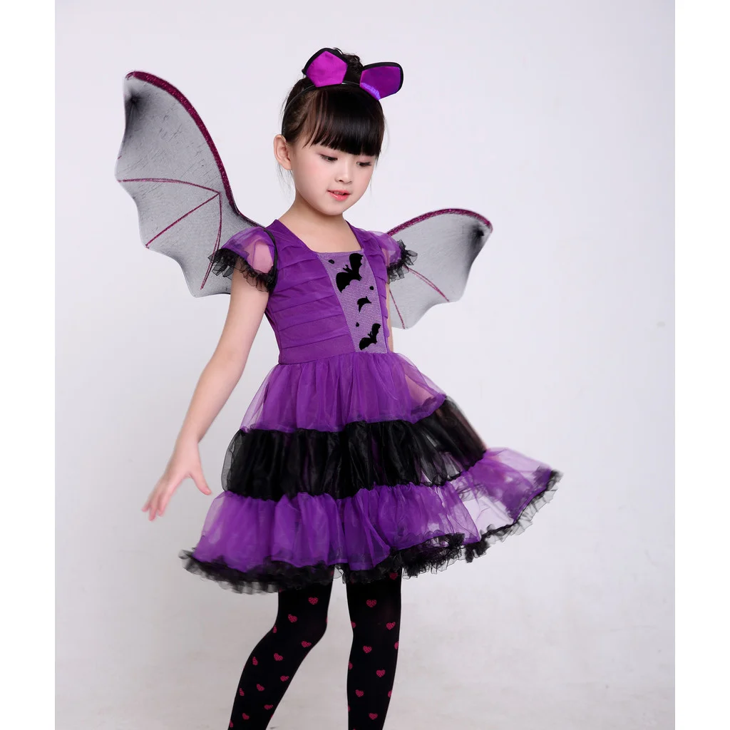Kinder Mädchen Halloween Fledermaus Hexen Kostüm Komplettset mit Flügeln, Halskette, Socken, Netzstrümpfen und Handschuhen für Themenpartys – Detail 3