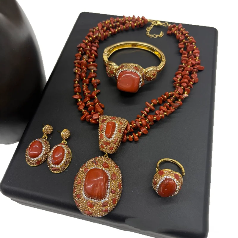 4Pcs Statement Stone Pendant Necklace Earrings Bracelet Ring Vintage Women Wedding Party African Nigerian Choker Jewellery Sets