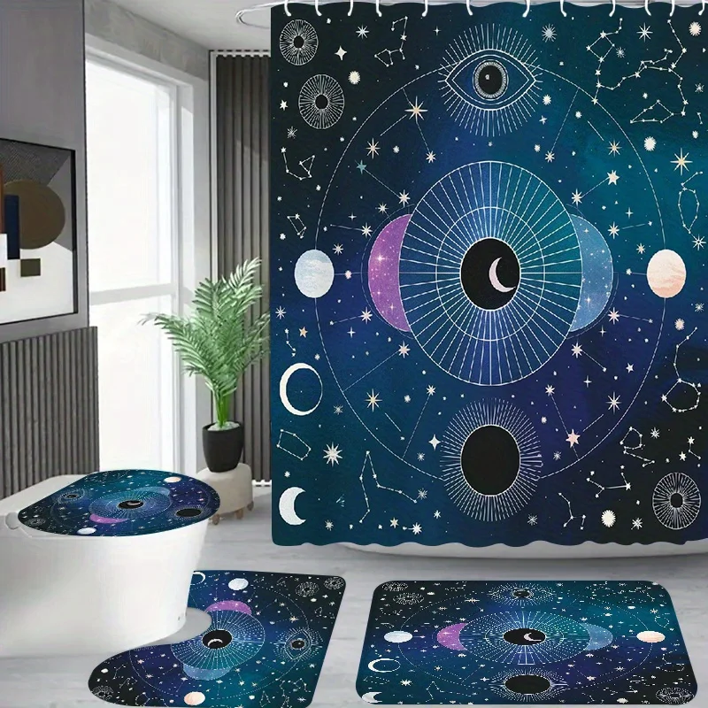 

4pcs Moon Star Constellation Pattern, Apartment Bathroom, Shower Room Shower Curtain, Hotel Shower Curtain Set with 12 Hooks