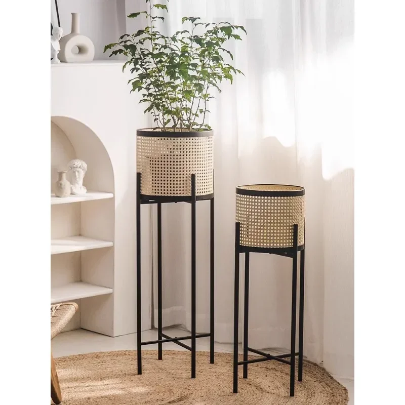 Balcony flower stand Floor-to-ceiling climbing vine bracket Living room flower basket rattan wrought iron shelf bamboo flowerpot