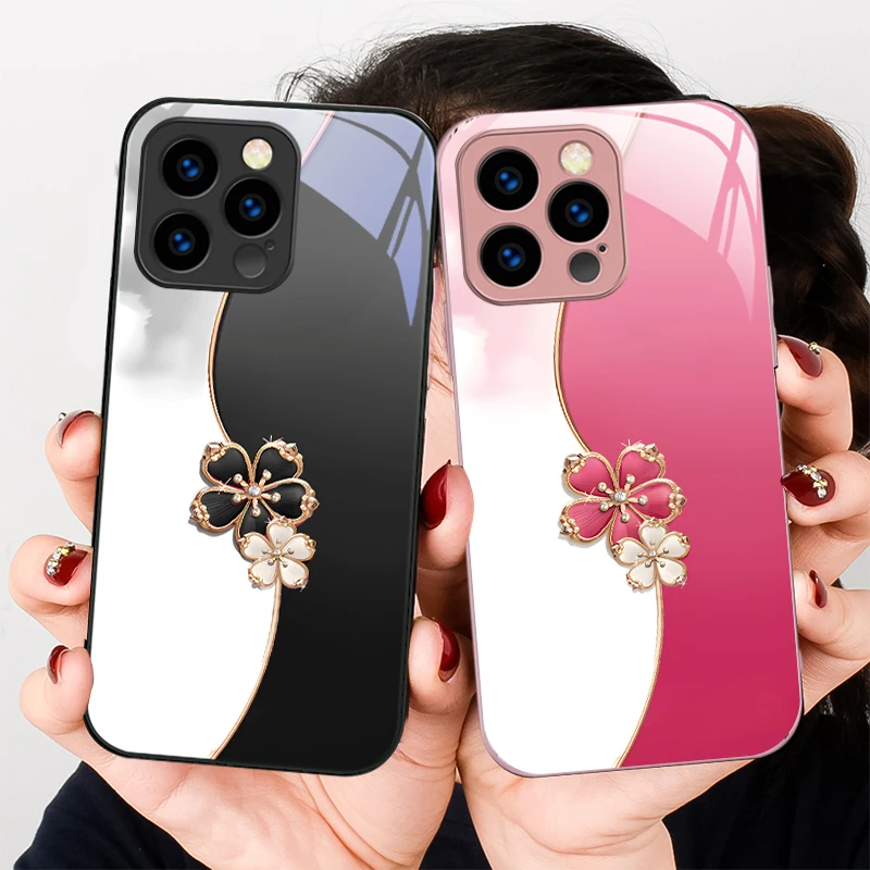 

Lucky four-leaf clover For iPhone 16 E 15 14 13 Plus 12 mini 11 Pro Max XR Xs X 7 8 P lus 6 6S 16E Tempered Glass Phone Case