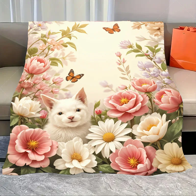 

1pc Flannel Blanket Charming Cat in Floral Garden Soft Blanket for Cozy Home Decor
