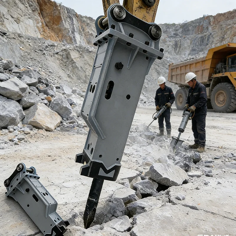 Hydraulic Breaker Hammer With Chisel Bits Complete Set For Excavator, Skid Steer Concrete Rock Breaking Construction Equipment