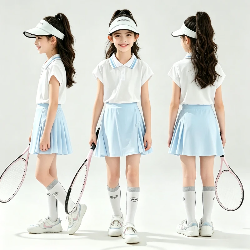 Girls Quick Dry Tennis Outfit Short Sleeve Badminton Training Tutu Skort Built-in Safety Liner Shorts Summer Kids Sportswear