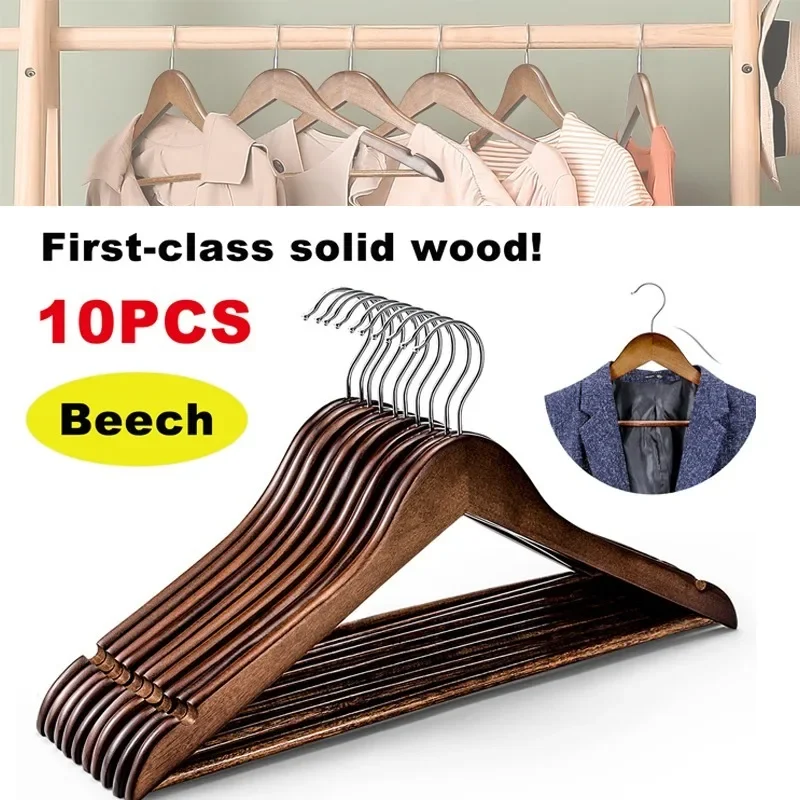 

Beech Wooden Coat Hangers 10 Pack High Grade 44.5cm Length with Non Slip Pant Bar Extra Smooth and Splinter Free Natural Finish