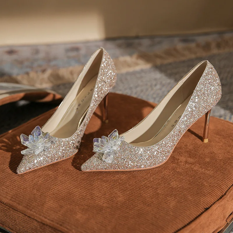 

Bloomsteps Pointed High Heels Women 2026 New French Style gold Crystal Bridal Wedding Shoes Stiletto Bridesmaid Shoes