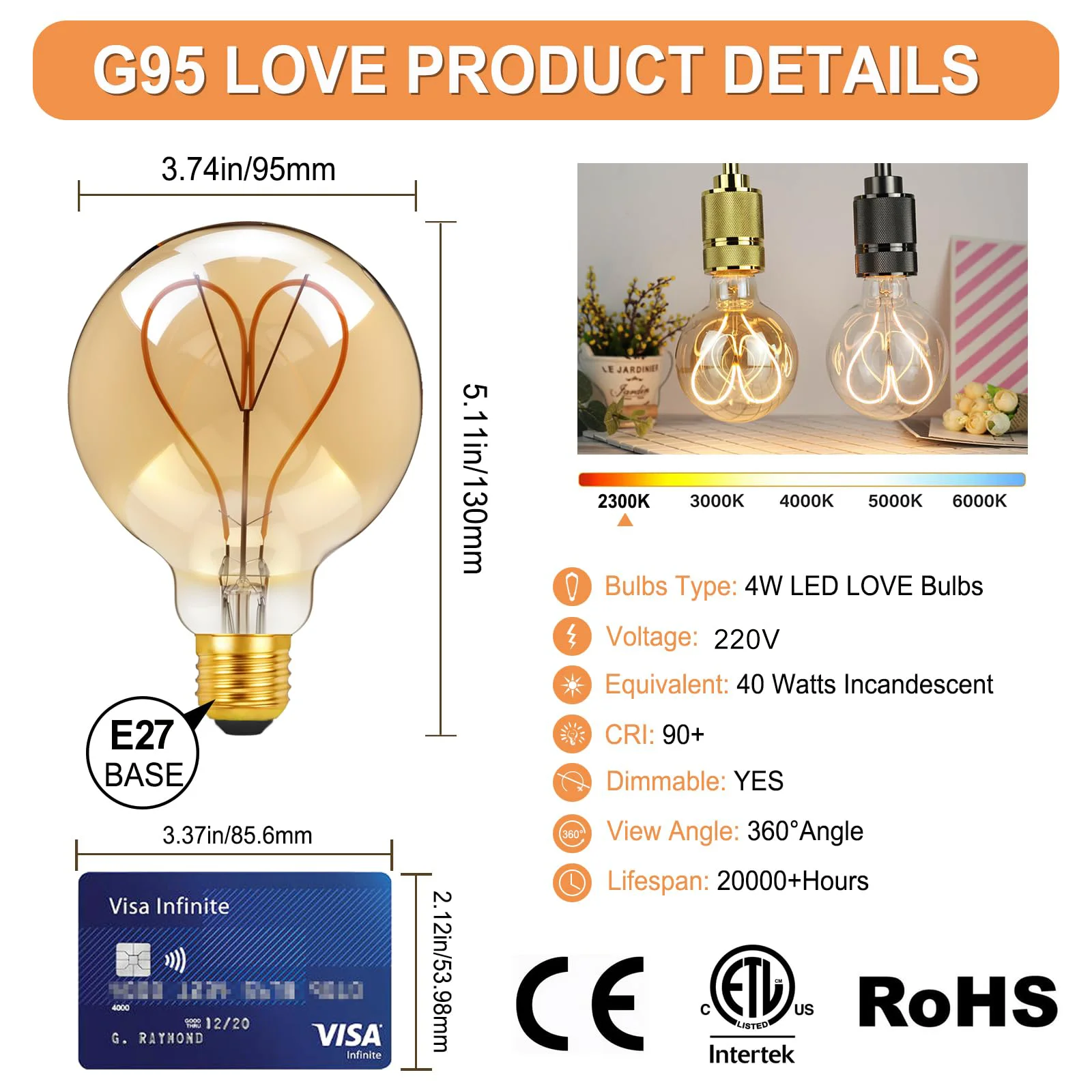 Lampadina Edison retrò filamento Led dimmerabile LOVE G125 lampada in vetro Vintage ST64 G80 G95 cuore E27 220V decorazione per la casa