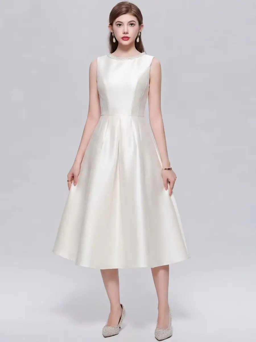 

High Quality Temperament Solid Sleeveless Satin Dress for Women Summer New Pearl Beaded Slim Ball Gown Party Prom Wedding Dress