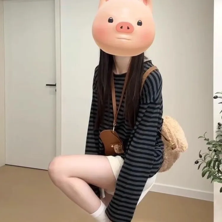 Outono Inverno Fce Forrado Cor Blo Listrado College Sle redondo Ne Long Sve Solto Preguiçoso Sensação Base Camada irt Mulheres...