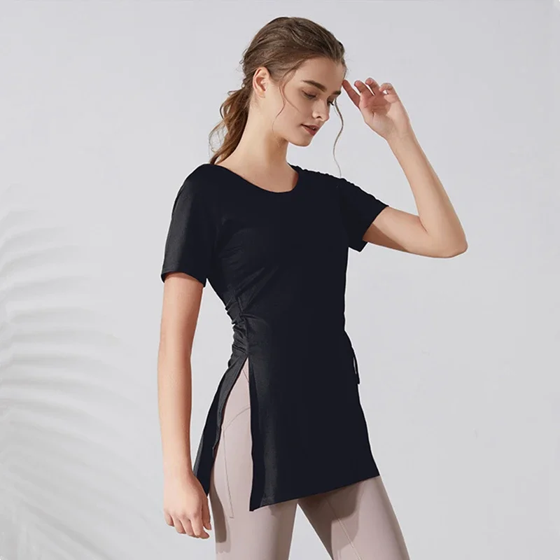 

Women Sport Hoodies Fork Hem Yoga Shirts Short Sleeves T-Shirts Bandage Running Shirt Quick Dry Gym Fitness Hooded Tops Female