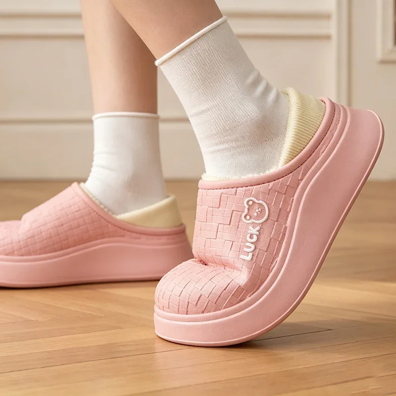 Winter 2026 Light Weight Non Slip Cute Bear Girls EVA Plush SlippersWarm Home Slippers Women Outdoor Waterproof Cotton Shoes 45