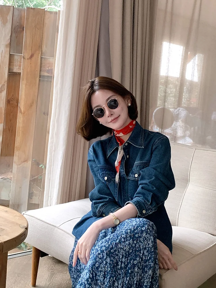 

ARE GuaGua 100% Cotton American Retro Style Collared Denim Shirt Women's Casual Loose Open Cardigan Top Spring Season