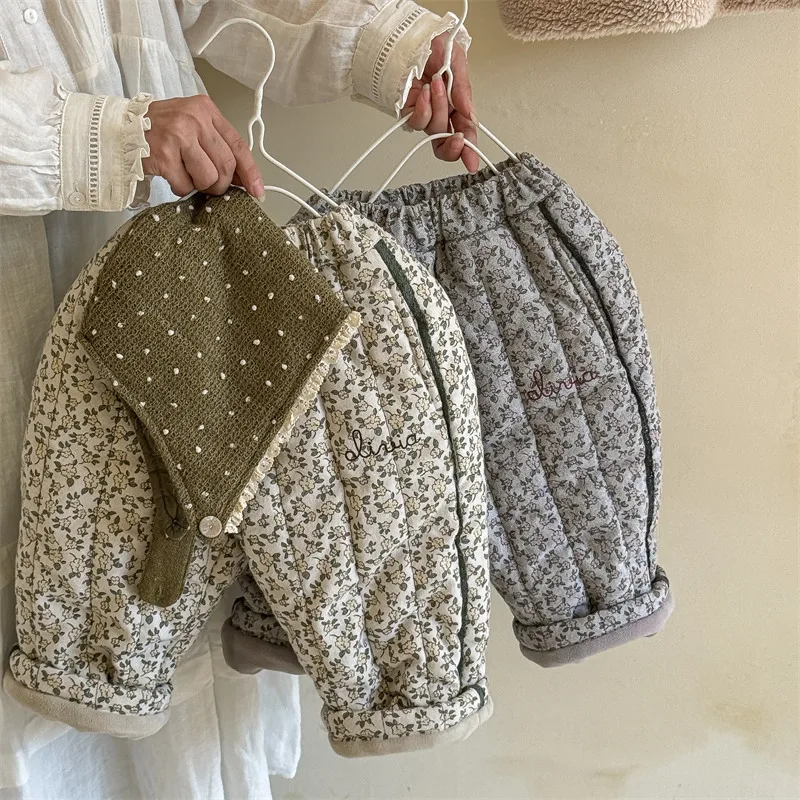 الغزلان جونمي 2024 جديد الشتاء الأطفال المطبوعة التطريز رشاقته السراويل الكورية نمط طفل الفتيات عادية الدافئة السراويل المبطنة بالقطن #1