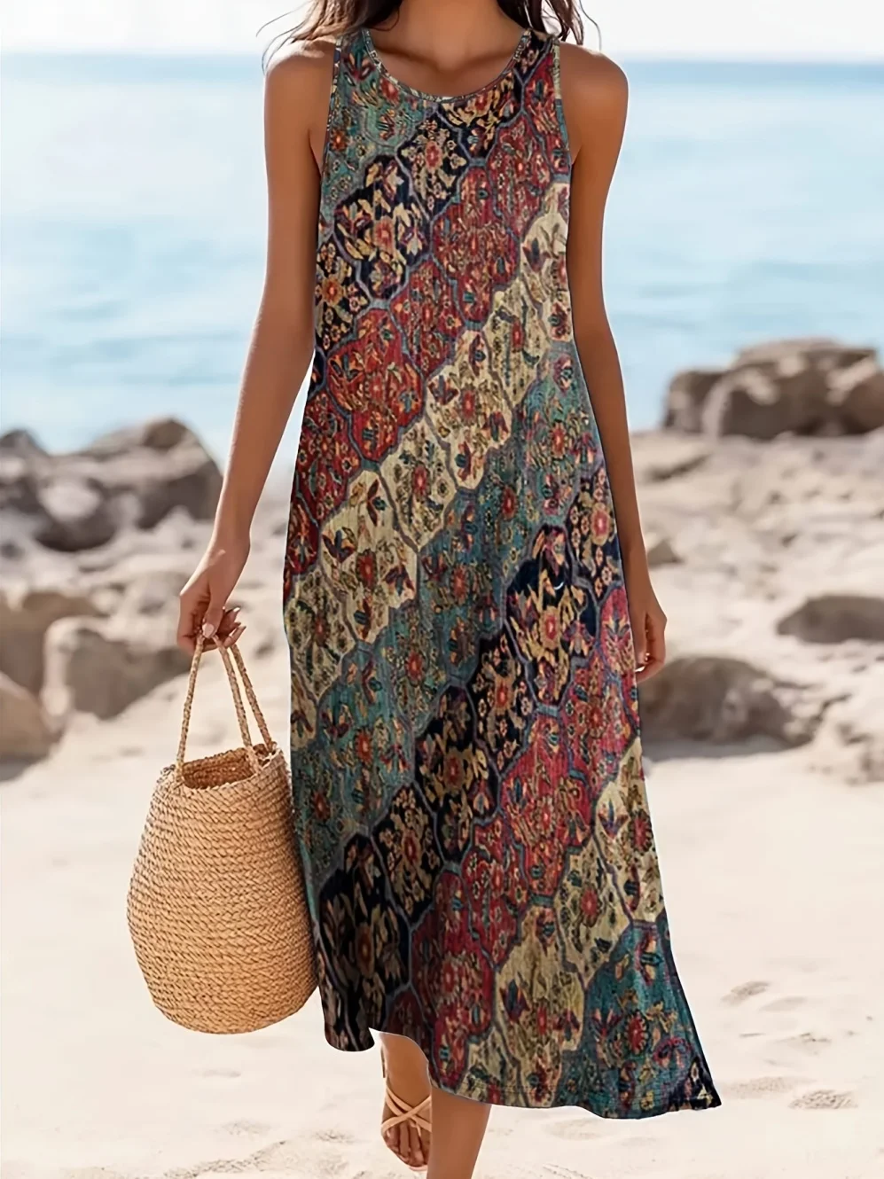 2026 Floral Colorful Sleeveless Maxi Dress Loose Summer New Seaside Commuting Dating Dress Ethnic Style Pattern Flowy Long Dress