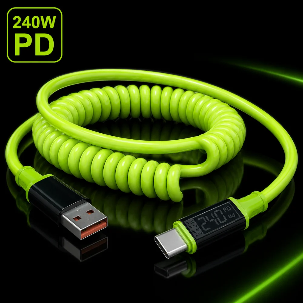 240W Type C To Type C Super Fast Charging Cable Telescopic High Power Charger Cord Spring USB C Cable for Xiaomi iPhone Samsung