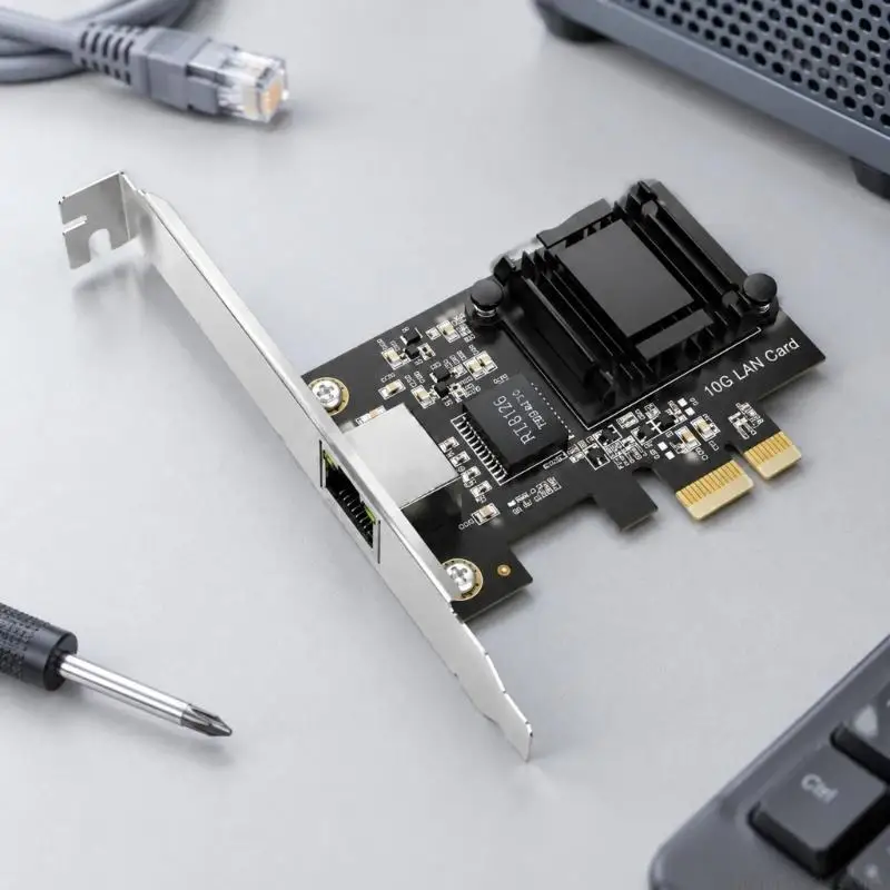 Ethernet Card with Single External Port, RTL8126 Hardware Platform, Finned Component Cover, and PCIe Host Connection for