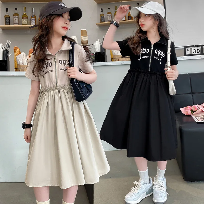 

Korean Summer Teenager Girl Dress Children Girl Letter Lapel Half Zip Dress Patchwork One-piece Dress School Girl Casual Dress