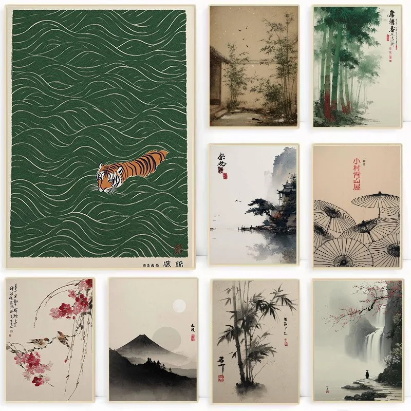 Japanese Traditional Asian Landscape Poster Retro Ukiyo-e Zen Ink Mountain Scenery Canvas Painting Wall Art for Room Home Dec
