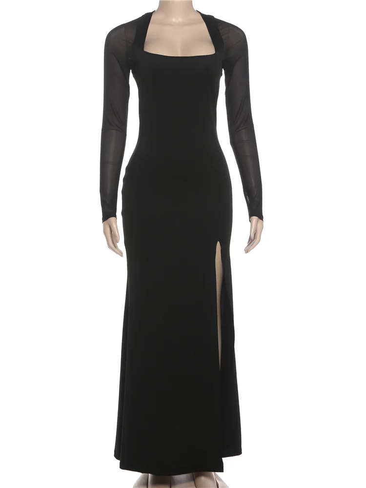 Cutenew sexy tendência oco split vestido feminino clássico malha retalhos gola quadrada pêssego hip elegante simples estiramento magro bodycon