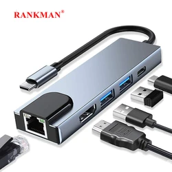 USB C Hub to RJ45 Lan Type C 4K HDMI-Compatible Adapter SD TF Card USB 3.0 Dock Station for MacBook iPad Samsung S21 Dex Laptop