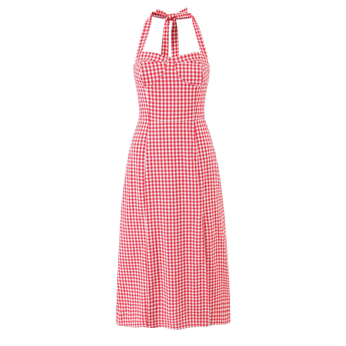 Abito da donna in lino Tala con scollo all'americana e spacco laterale sul retro, senza maniche, a quadri di pomodoro