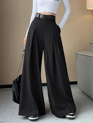 Spring Summer Retro Fashion Office Ladies Wide Leg Pants High Waist Belt Straight Casual Streetwear Solid Color Female Suit Pant