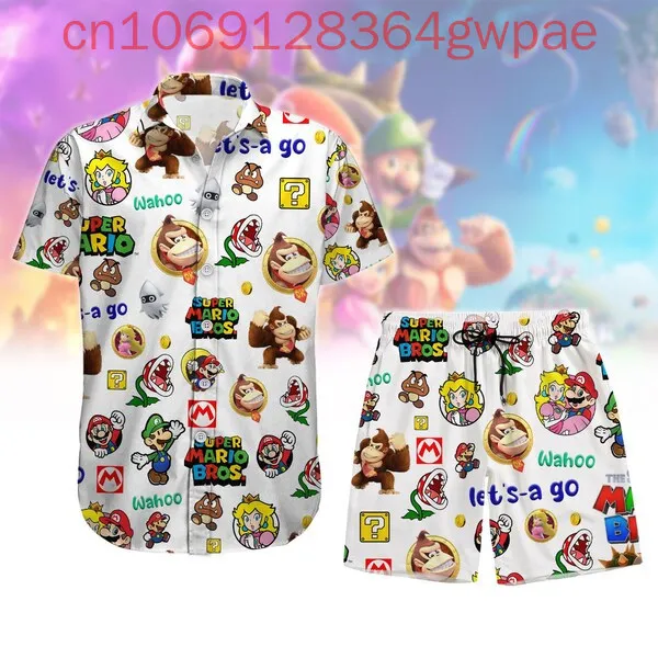 Super Mario Hawaiian Shirt Shorts Set Summer Men's Women's Casual Vacation Short Sleeve Beach Shirt and Shorts Two-Piece Set