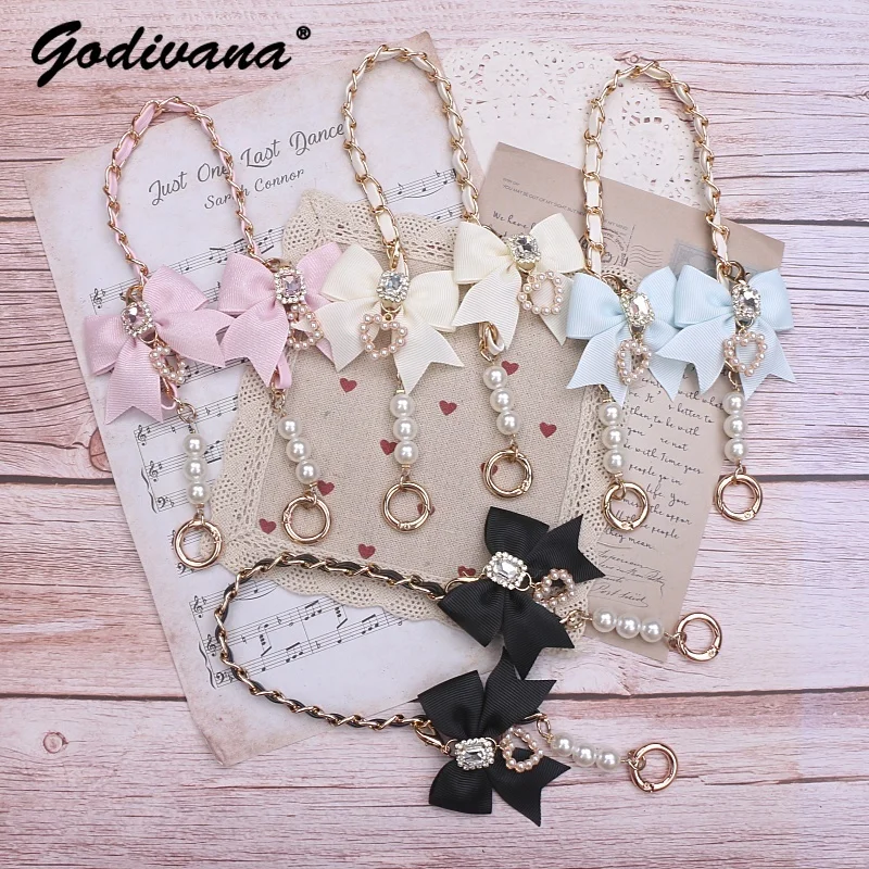 Sweet Japanese Mine Bow Rhinestone Love Cute Short Bag Accessories Sweet Pearl Chain Bag Strap Girl Women's Hand Straps