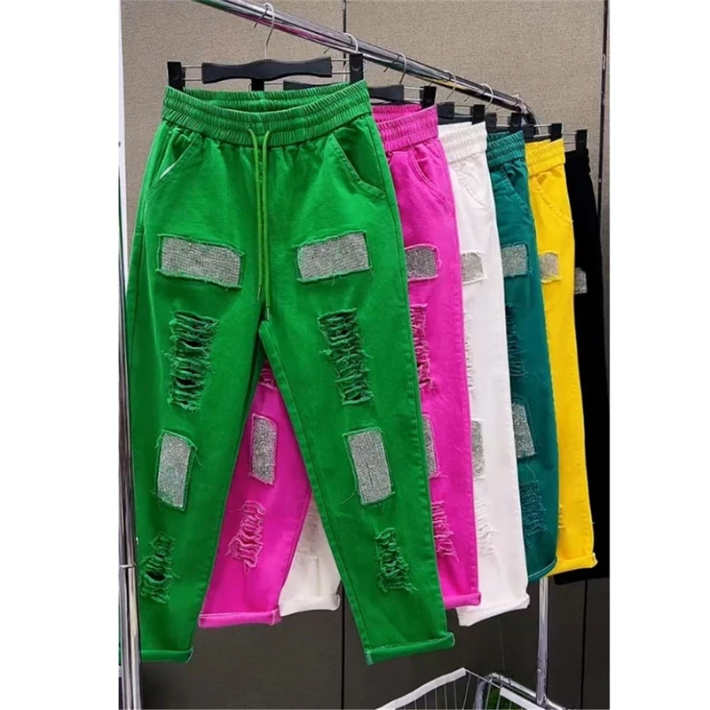 2024 primavera estate nuovi Jeans larghi di perforazione a caldo da donna a vita alta Casual con foro elastico Candy Harem Pants pantaloni da Cowboy da donna