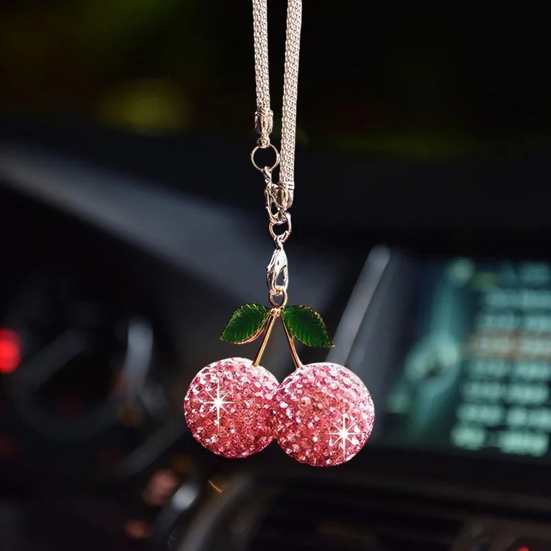 Creative Cherry‑Shaped Car Hanging Ornament Full Rhinestone Pendant Bling Auto Interior Decoration Accessory 1Pc