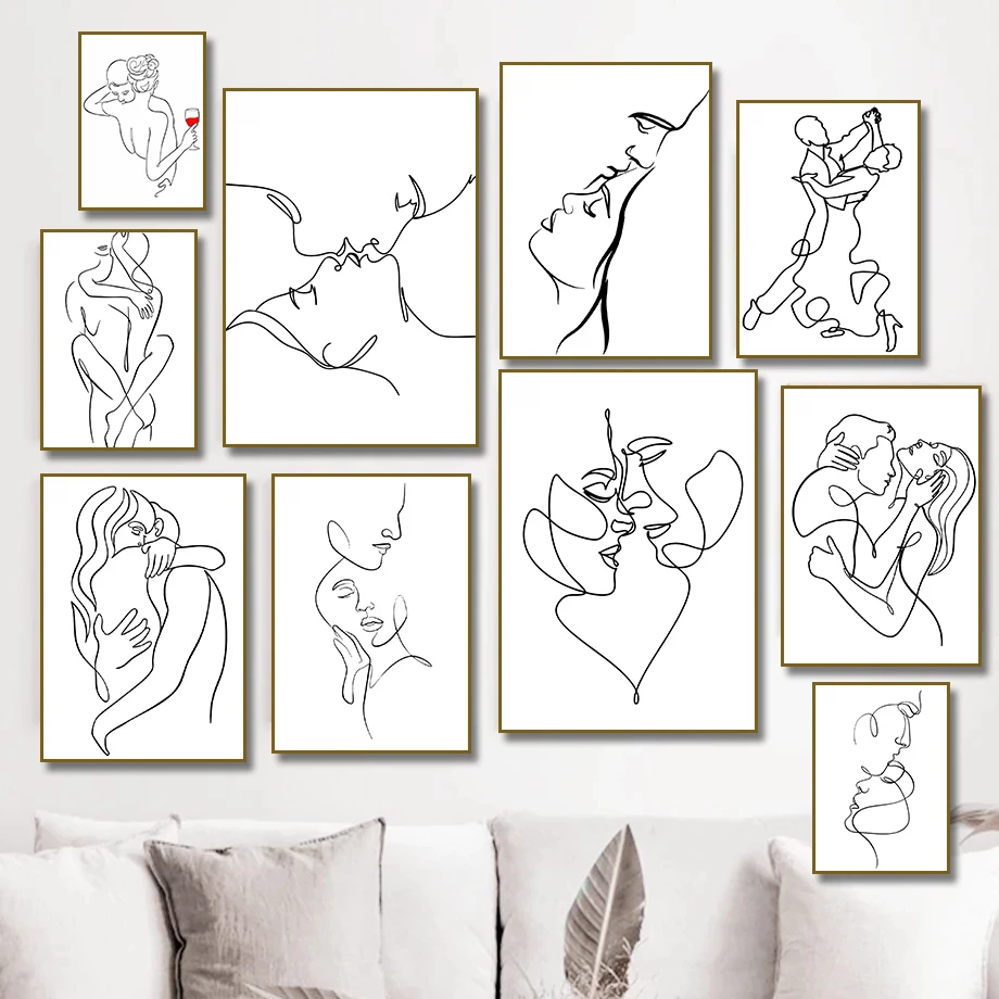 Minimalist Couple Embrace Kiss Line Art Poster Canvas Painting Print Wall Art Picture for Living Room Home Decor Cuadros