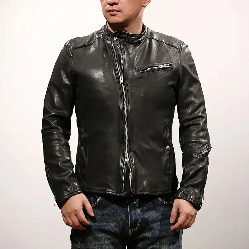 SHop Best.luxury brand.Men slim fit comfortable tanned sheepskin jacket.Popular Korea genuine leather coat.Vintage.