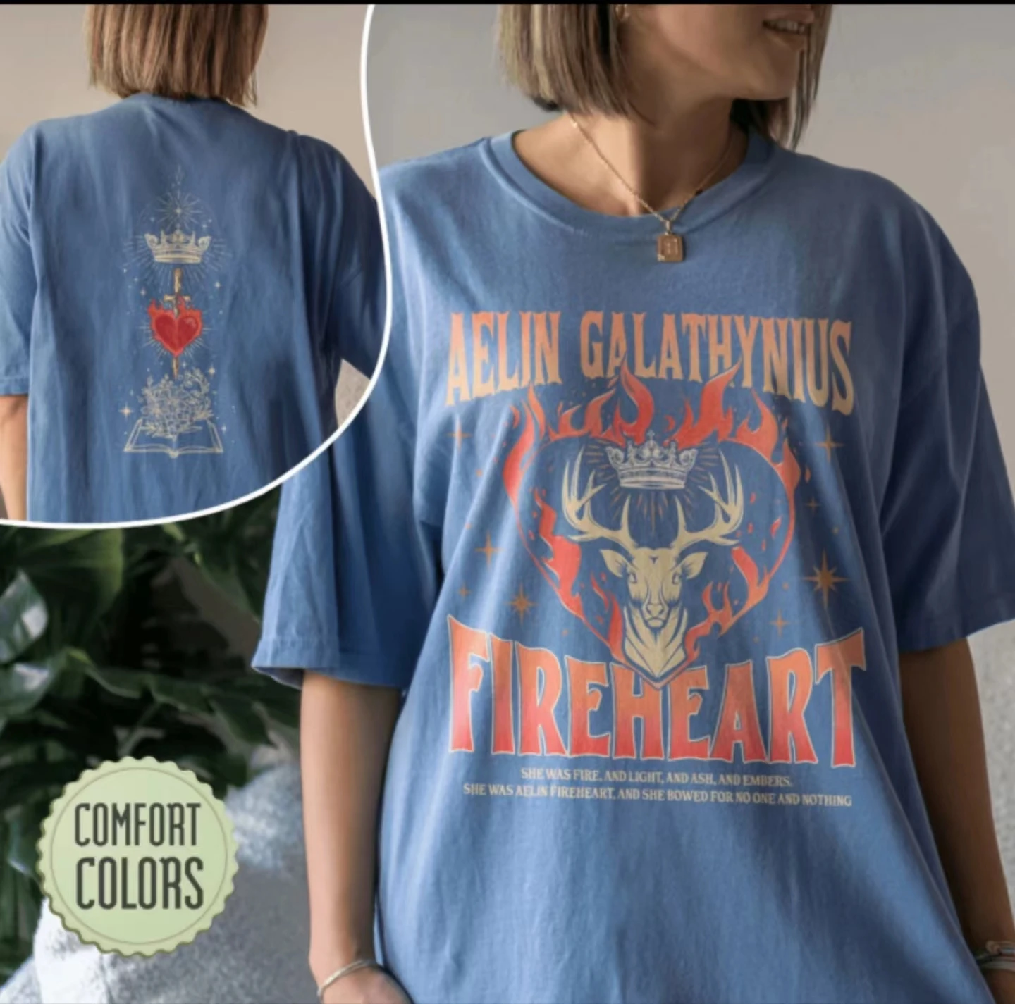 Aelin-Galáxia Fireheart T-shirt das Mulheres, Slogan, Coroa, Amor, Magia, Veado, Magia, Tomé, Espada Divina, Estampa Vintage, Camisa Feminina