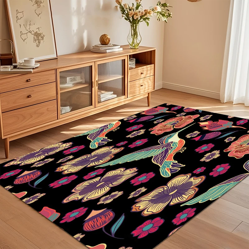 Soft Non-Slip Tropical Hummingbird Area Rug with Colorful Floral Pattern on Background for Nursery Bedroom Living Room Decor
