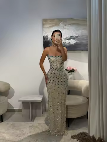 SWEMILE Luxury Blue Crystal Beaded Evening Dress With Shawl Strapless Backless Sheath Mermaid Prom Dresses Customized Vestidos