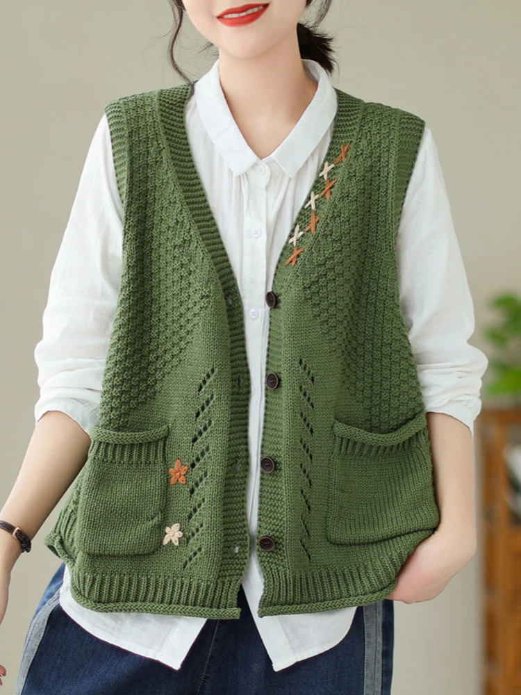 여성용 빈티지 스웨터 조끼, V넥 용수철, 가을 니트 코트, 플로럴 니트웨어, 민소매 아웃웨어, 캐주얼 하라주쿠 데일리 패션