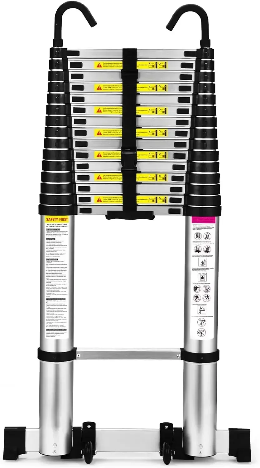 Escalera telescópica, escalera de extensión liviana de aluminio SocTone de 20,3 pies con ruedas y barra estabilizadora, resistente de 330 libras máx.