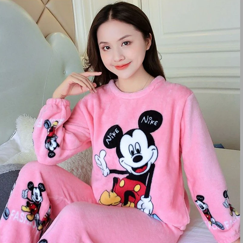 Mickey Minie Pajamas Disney Women's Flannel Pajamas Set Winter Coral Velvet Thickened Warm Home Clothes Pajamas Two-piece Set