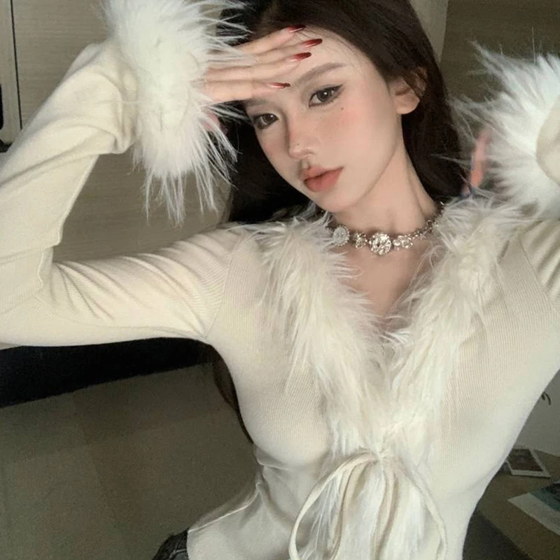 Korean Hot Girl Furry V-neck Long Sleeve Irregular Slim Short Sweater Cardigan