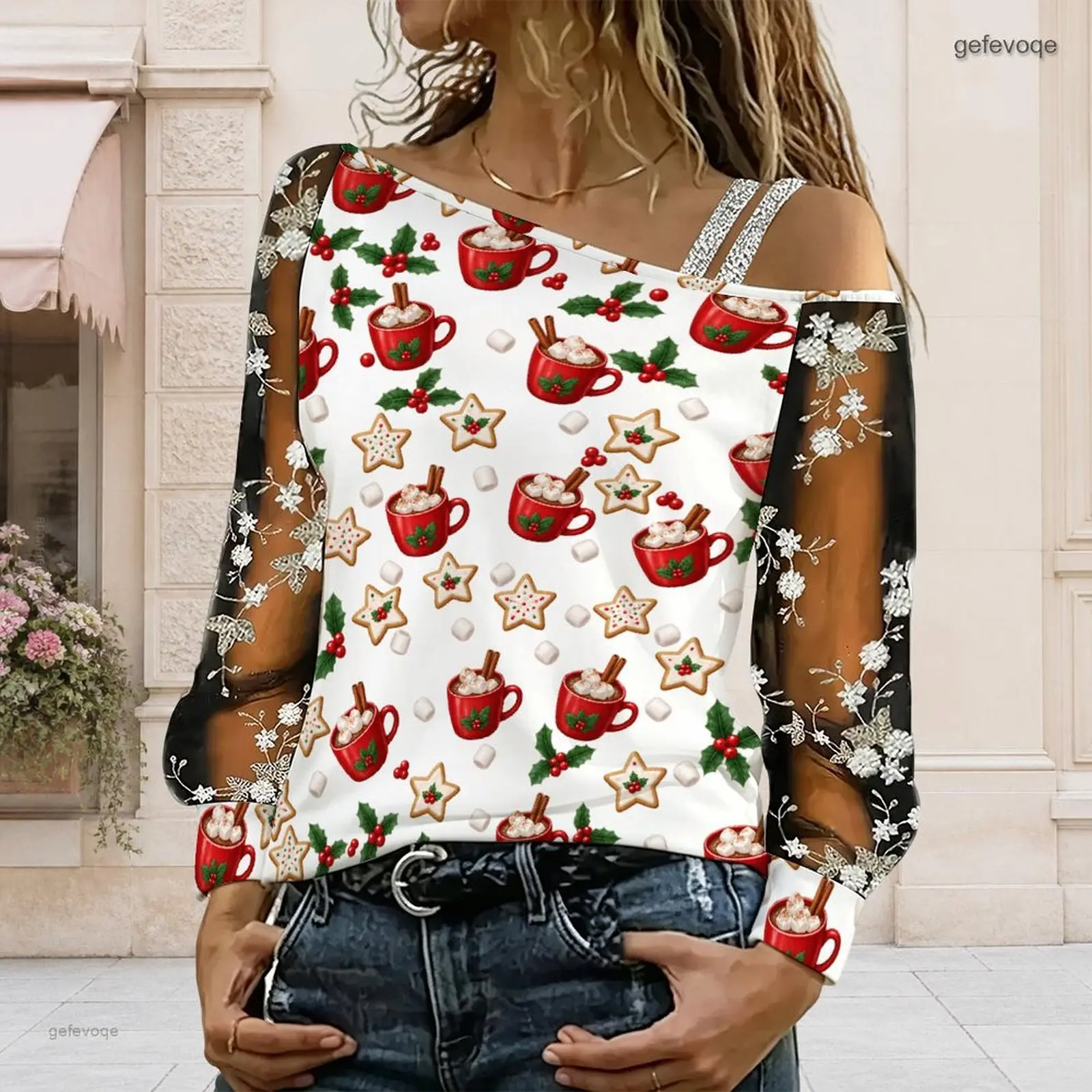 Women Asymmetric Cold Shoulder Printed Top, Hot Cocoa Gingerbread Holly Pattern Long Sleeve Sheer Mesh Blouse