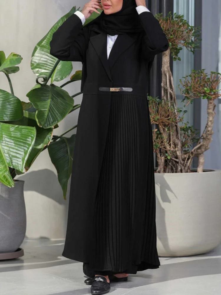 LANMREM Office Lady Pleated Spliced Trench Coat Women Notched Belt Gathered Waist Solid Color Dresses Fashion 2024 New 32C1303