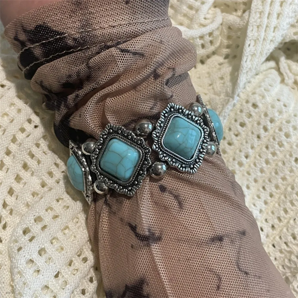 Vintage Bohemian Ethnic Acrylic Bangle Acrylic Exaggerated Irregular Wide Bracelet Elastic Rhombic Patchwork Round