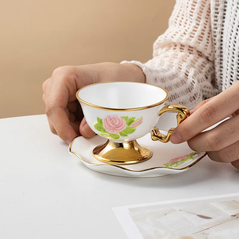 Ceramic Coffee Cup And Saucer Set 100ml Afternoon Tea Home Creative Rose Embossed Hand Color Porcelain Drinking Utensils Gift