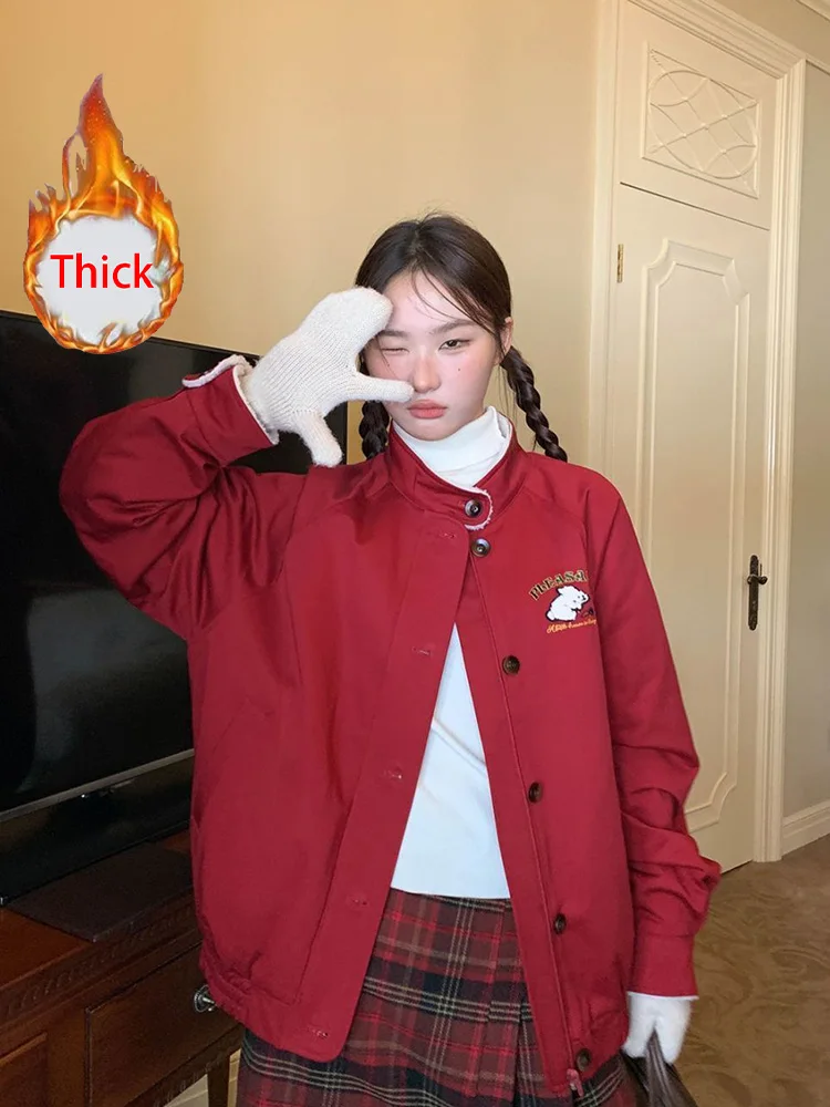 

Теплая толстая рождественская красная куртка, женская винтажная милая куртка с американскими героями мультфильмов, повседневные зимние топы с длинными рукавами в консервативном стиле, верхняя одежда