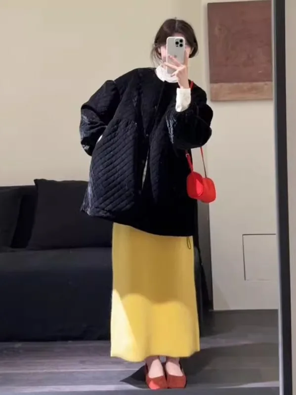 

Модная свободная хлопковая куртка в корейском стиле с круглым вырезом, стеганым узором, маленького размера, зимняя верхняя одежда, удобная и дышащая.