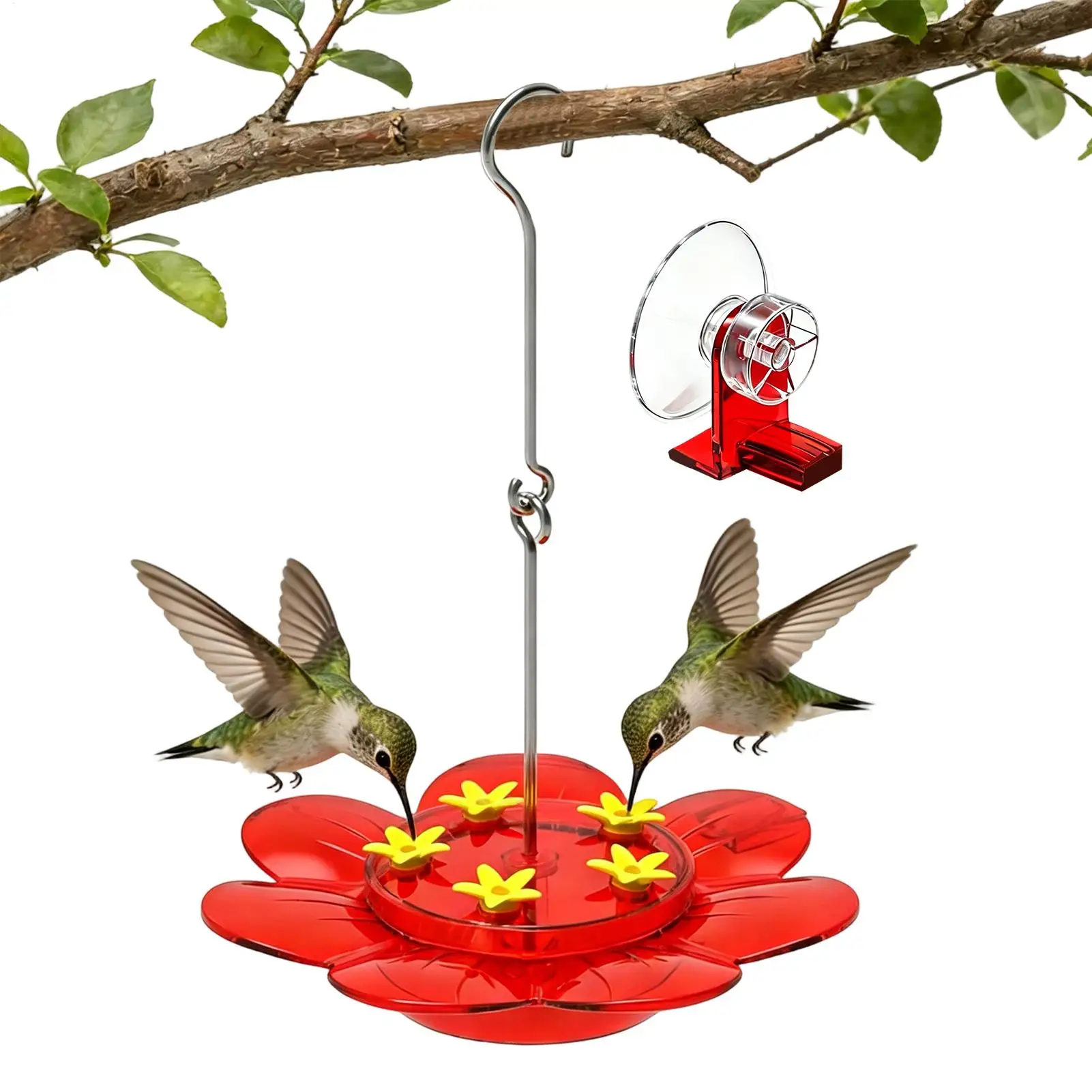 Comedero para Colibríes Rojo, Colgante con Gancho, Comedero para Pájaros de Jardín, Comedero Antiderrames, Múltiples Puertos de Alimentación, Comedero para Pájaros de Exterior